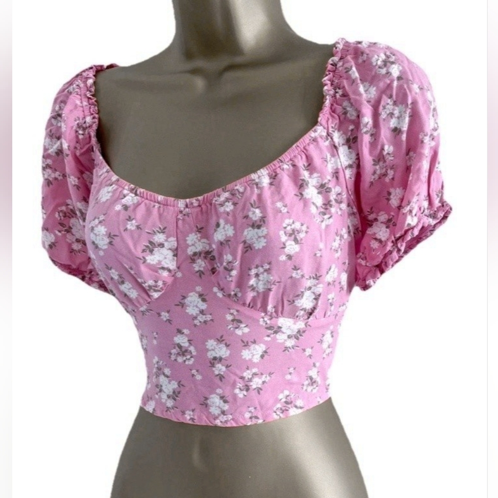 Hollister Floral Pink Puff Sleeve Crop Top S